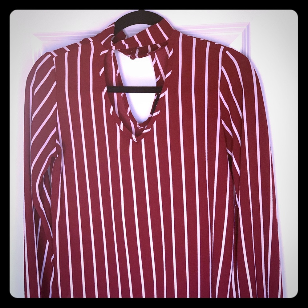 Wine colored long sleeve shirt with cream stripes